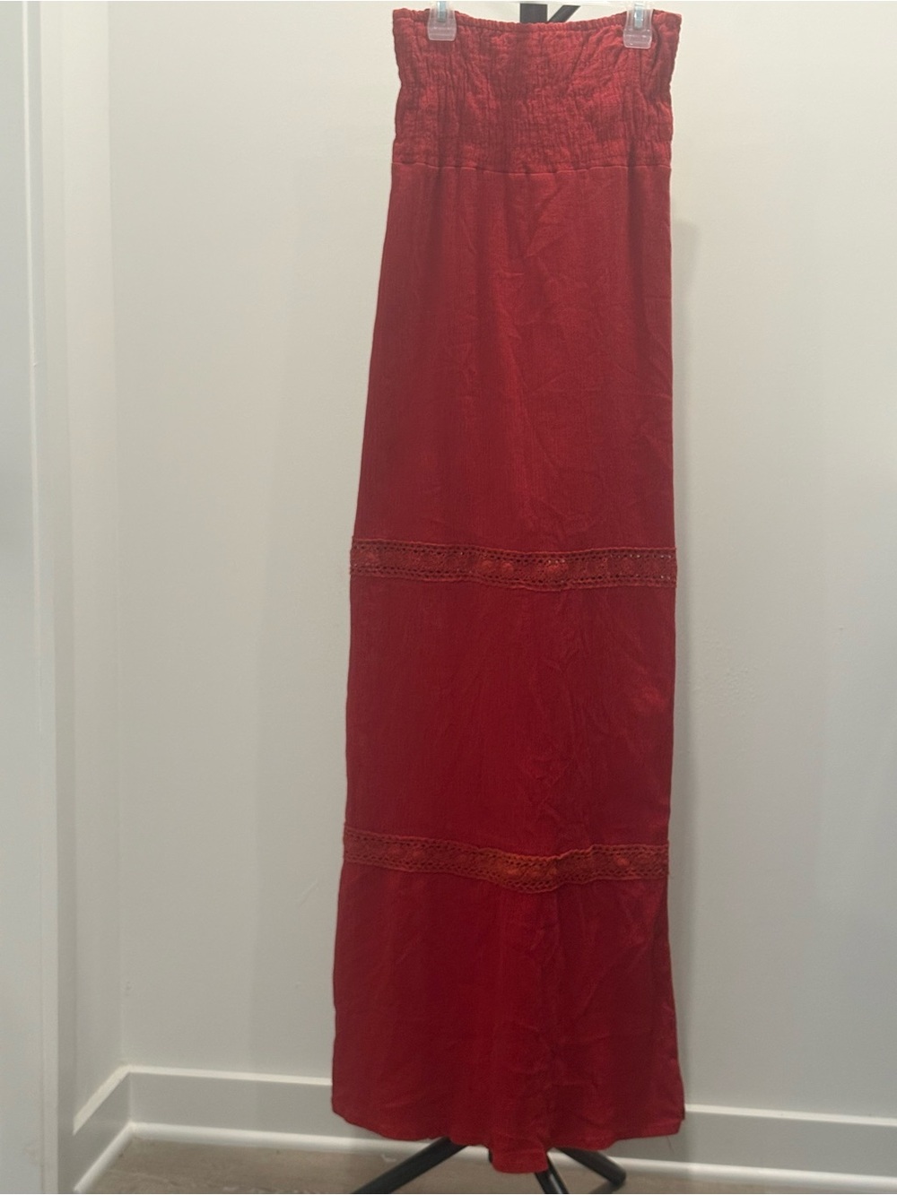 Degrees Women's Strapless Smocked Red Dress Eyelet Banding Strips Size M